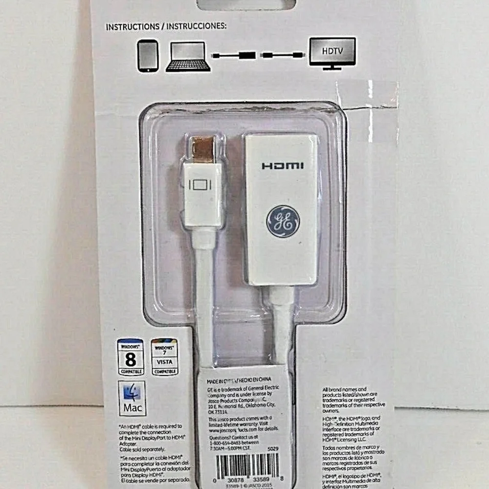 GE Mini Display Port To HDMI Adapter White HDTV to PC MAC Full HD 1080P 4K 33589